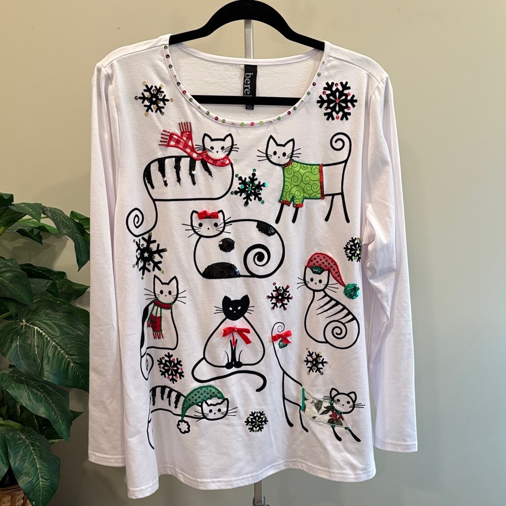 Berek White Long Sleeve Tee with Christmas Cats & Snowflakes
